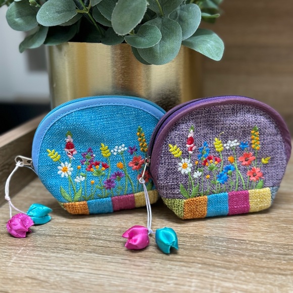 Embroidered flower Zip Bag Craft Cloth Small Bag Women | 2 Cute Coin Purses - Picture 2 of 9